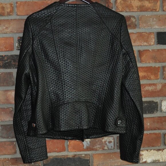 Karl Lagerfeld Paris Woven Texture Black Faux Leather Motorcycle Moto Jacket L - Picture 3 of 10